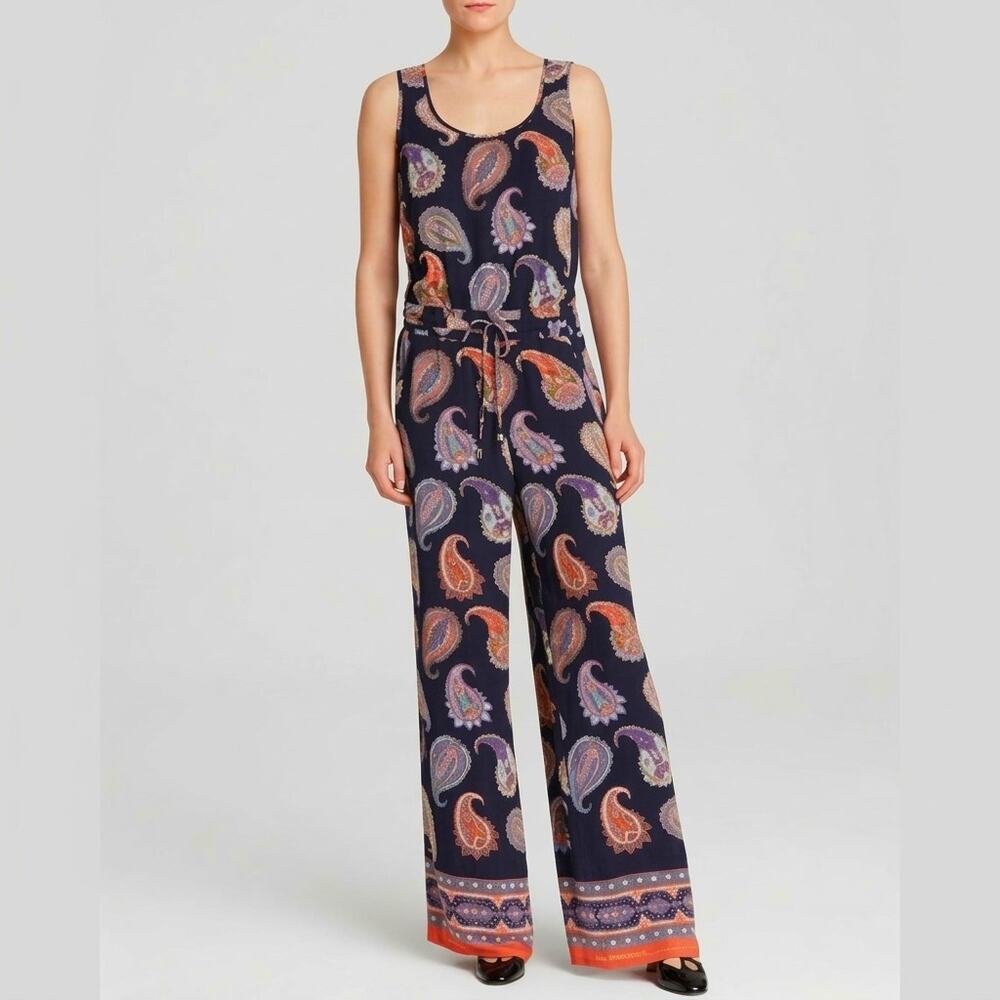 Tory Burch Jumpsuit Paisley Wide Leg Sleeveless Scoop Neck 100% Silk Navy Small